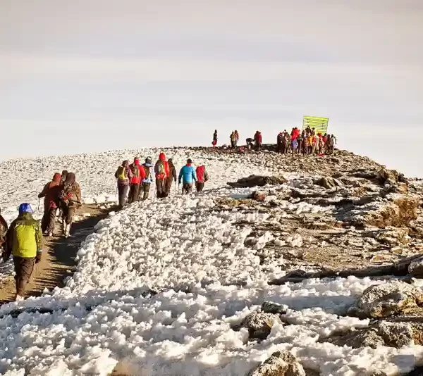 A diverse group of individuals ascending a snowy mountain, surrounded by a pristine winter landscape.